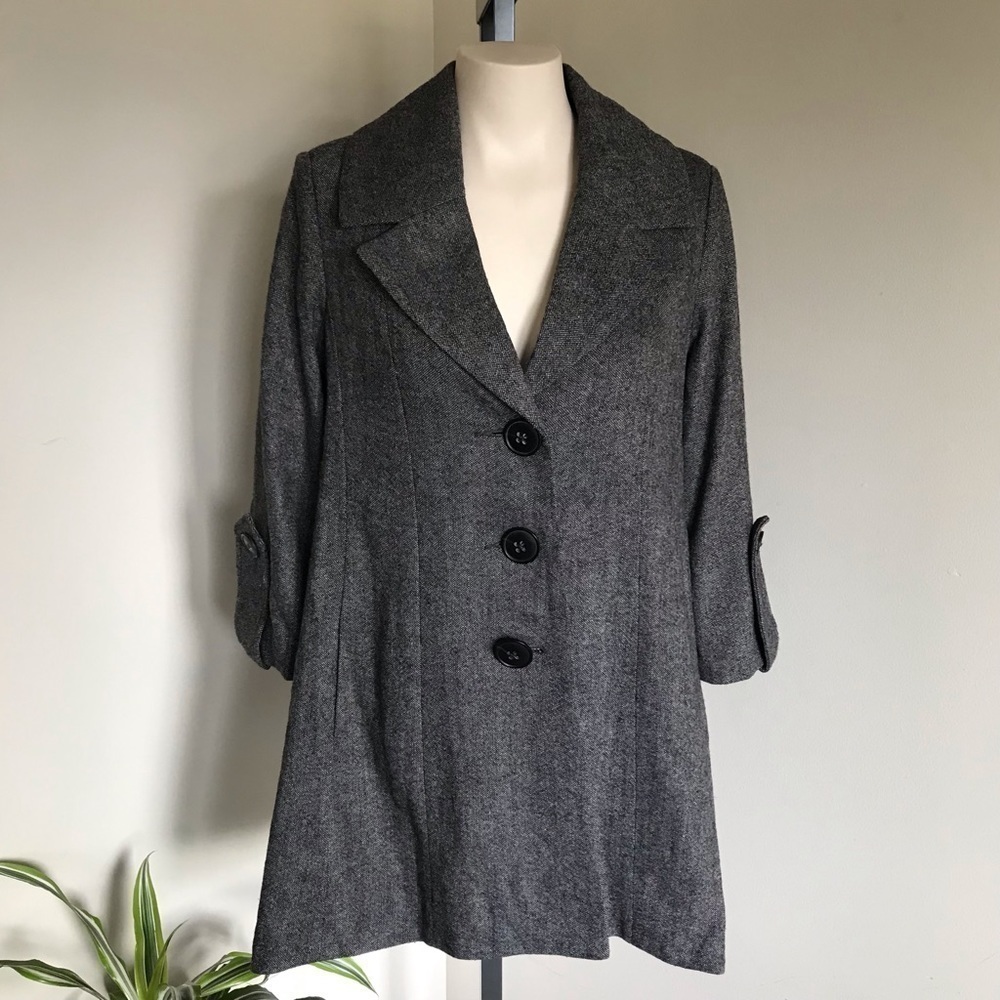 Cabi Wool Jacket Coat Tweed Flared Shakespeare Swing Grey Long Size 4 NWT​